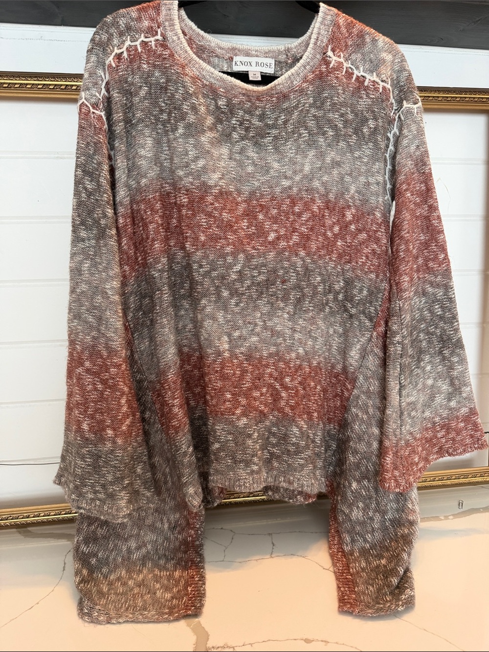 Knox Rose Striped Rust and Gray Marled Knit Pullover sweater with flare sleeve